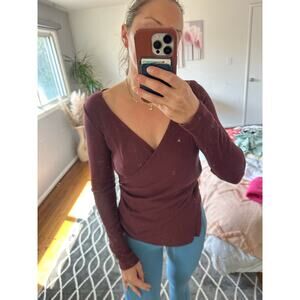 Monrow Rib Long Sleeve Wrap Top M NWT